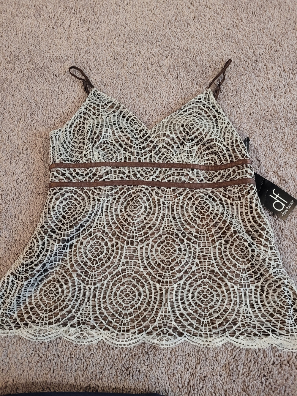Alfani Lace Overlay V-Neck Cami Tank Top - Cream/Brown